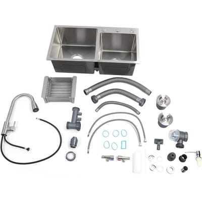 Kit Évier de Cuisine Encastrable Acier Inoxydable 304 Robinet Extractible Évier Double Bac 3 Trous avec Bonde gray