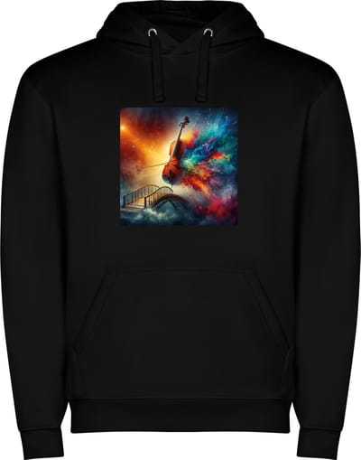 Zwarte unisex hoodie met “ Kleurrijke Contra Bas – Muziekinstrument – Muziek “ Print Full Color Color merk Roly maat S