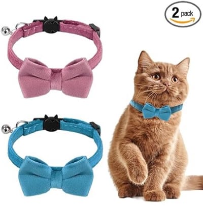 Daity Verpakking van 2 fluwelen kattenhalsband met bel en strik - verstelbaar voor kleine puppy's - veiligheidsstrik effen voor bruiloften - kattenstrik in basiskleur