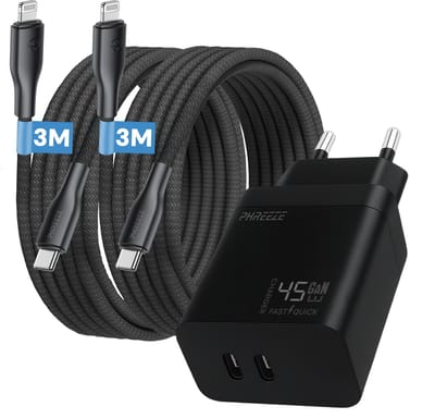 Phreeze snellader geschikt voor iPhone 14 13 12 11 X 8 7 SE iPad 5 6 7 8 9 Air Pro Max Plus - 45w dual usb C adapter - Geschikt voor Lightning naar usb C kabels inbegrepen 3m