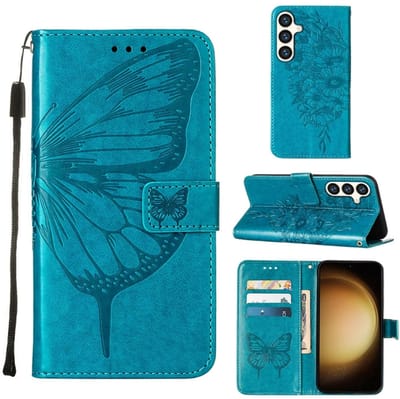 Voor Samsung Galaxy S24+ 5G reliëf vlinder lederen telefoonhoesje (blauw)