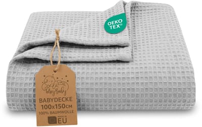 Wafeldeken Baby Hele Jaar 100x150 cm - babydeken katoen ademend licht kinderen tussenseizoen wafelpiqué – wiegdeken kinderwagen newborn zacht meisje jongen peuter Oeko-Tex Lichtgrijs