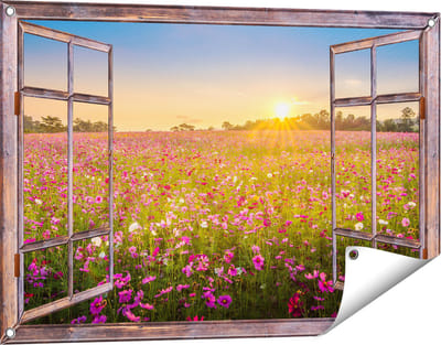 Gards Tuinposter Doorkijk Bloemenveld met Roze Kosmos - 90x60 cm - Tuindoek - Tuindecoratie - Wanddecoratie buiten - Tuinschilderij