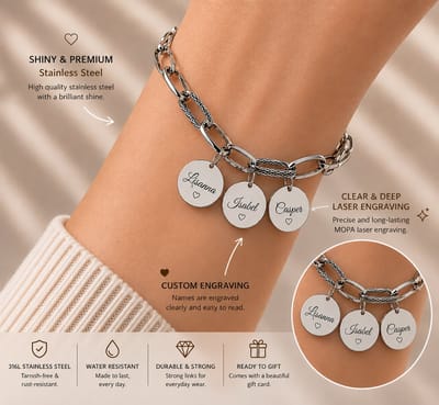 Engravia by Derya – Luxe Gepersonaliseerde Armband met 3 Hangers – 316L Roestvrij Staal – Naamgravure & Elegante Schakelstijl – Cadeau voor Moeder, Partner of Vriendin