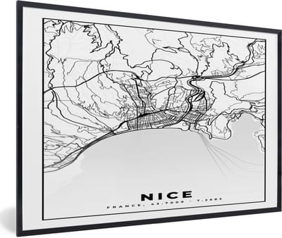 Fotolijst incl. Poster Zwart Wit- Kaart - Nice - Plattegrond - Frankrijk - Stadskaart - Zwart wit - 60x40 cm - Posterlijst