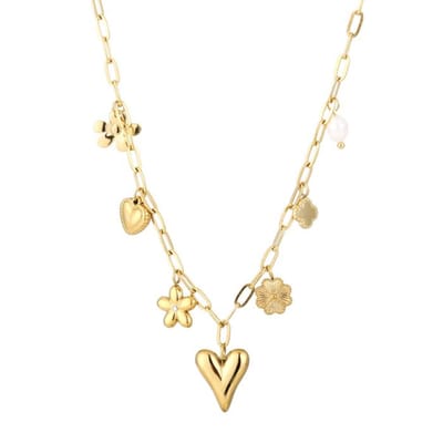 Bijoutheek Collier Bedels Charm Hartje Bloem Goudkleurig