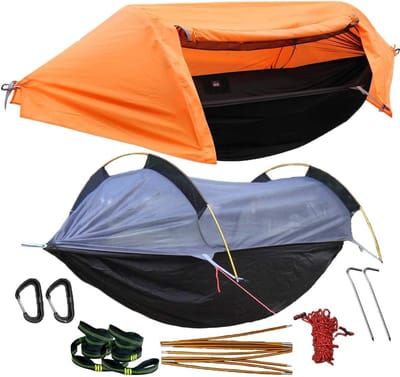 Kampeerhangmat - Buitenbed - Ontspannen buiten - Met insectennet - 272 x 140 cm - Oranje grijs
