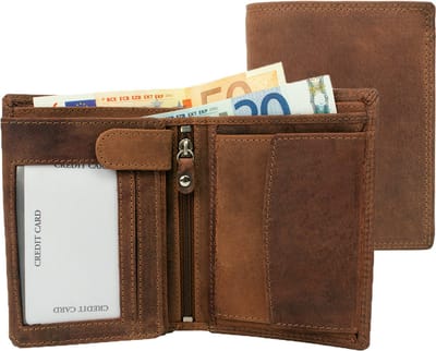 Houtkamp Leren Vintage Portemonnee uit echt Leder - Dames & Heren - Billfold Hunter Leer - RFID anti-skim beveiliging - Hoog model - Bruin
