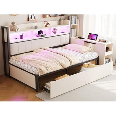 ModernLuxe Slaapbank 90x200 cm - met stopcontacten - met LED-verlichting - met 2 grote laden - met uitschuifbaar bureau - Wit