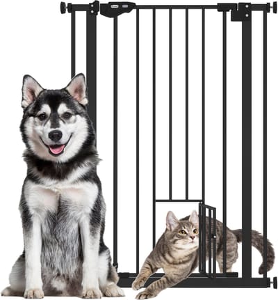 PawHut Hunde Türschutzgitter, Treppenschutzgitter, 74-80 cm Hunde Türgitter, Treppenschutz, Schutzgitter, Schließautomatik, Stahl, Schwarz