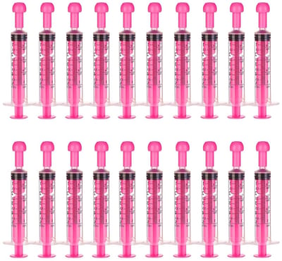 **Spuiten - zonder naald - 10 ml en 5 ml - roze - 20 stuks** Gebruik voor diervoeding - navulling vloeistoffen - steriel - met dop