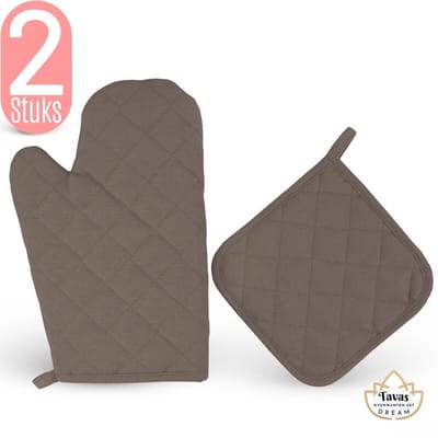 Dream Ovenwant met Pannenlap - Set van 2 - Antraciet - Hittebestendig - Katoen - Thermolite tot 250°C | Pannenlappen - Ovenwanten - Ovenhandschoenen
