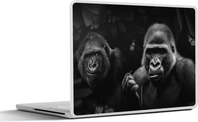 Laptop sticker - 12.3 inch - Twee gorilla's en vlinders in de jungle - zwart wit - 30x22cm - Laptopstickers - Laptop skin - Cover