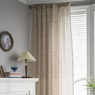 Boho gordijnen landhuisstijl katoen linnen kwastjes gordijnen vintage uithollen doorschijnend beige Kahki bloemen vitrage haken gordijn met stangdoorvoer, 2 stuks, 160x150cm (HxB)