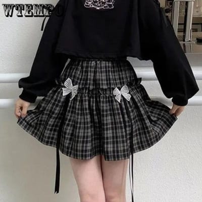 Lolita Plaid Rok Kawaii Vrouwen Goth Strik Zwart Hoge Taille A-lijn Mini Rokken Japanse Stijl XL black