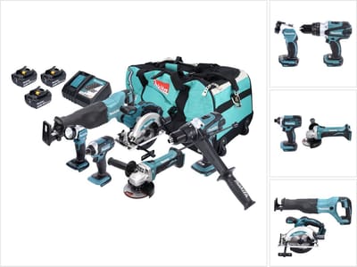 Makita DLX 6046 accu combiset 18 V DGA 452 + DHP 458 + DJR 186 + DML 802 + DSS 610 + DTD 152 + 3x accu 3.0 Ah + lader + tas