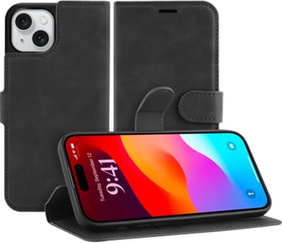 Just in Case hoesje geschikt voor iPhone 15 Plus Hoesje met Pasjeshouder - Premium Bookcase - Zwart