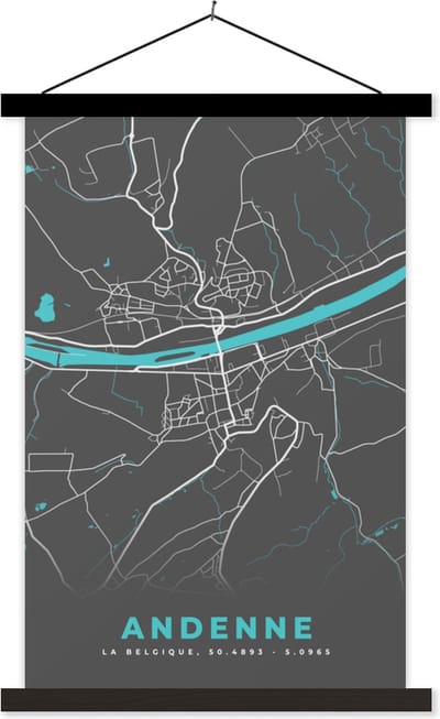 Posterhanger incl. Poster 40x60 cm - Schoolplaat - Stadskaart – Grijs - Kaart – Andenne – België – Plattegrond - Textielposter - Zwarte latten - Stadskaart