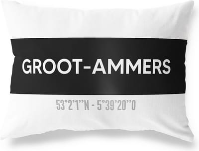 Tuinkussen GROOT-AMMERS - ZUID-HOLLAND met coördinaten - Buitenkussen - Bootkussen - Weerbestendig - Jouw Plaats - Studio216 - Modern - Zwart-Wit - 50x30cm