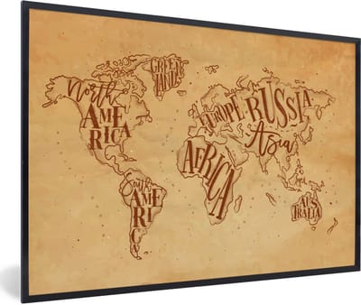 Poster in lijst - Fotolijst 90x60 cm - Posters - Wereldkaart - Retro - Bruin - Posterlijst zwart - Decoratie - Wanddecoratie woonkamer - Muurdecoratie slaapkamer