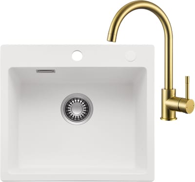 CECIPA max Granieten spoelbakken 40x45CM - Spoelbakken Keuken Wit - Spoelbak Keuken Met Goud Keukenkraan - Enkele spoelbakken Met sifon - waterafvoersysteem en overloopset