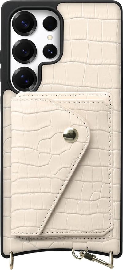 AVY Leren Hoesje Geschikt voor Samsung Galaxy S25 Ultra | Met Magnetische Kaarthouder | Compatibel met MagSafe | Leather Case met Wallet | Croco Beige