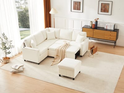 MODFU Hoekbank Met Slaapfunctie - Uitschuifbaar - Met Opberghocker En Ingebouwde Tafel - Chenille - Beige - 205 X 205 X 85 Cm
