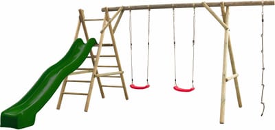Swingking Houten Schommel Noortje | Schommelset met Glijbaan, Dubbele Schommel en Klimtouw | Schommel voor Buiten in de Tuin | FSC Hout - Glijbaan Groen