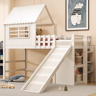 Kinderbed - 90x200 cm - Met Glijbaan En Veiligheidsladder - Opbergvakken En Hoogslaper Design - Massiefhout - Wit