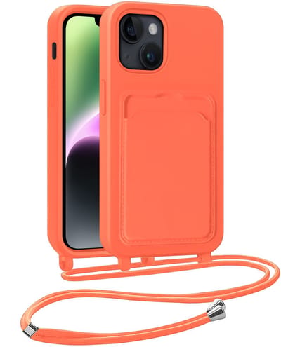 Hoesje Geschikt voor iPhone 13 Hoesje Met Telefoonkoord en Pasjeshouder Siliconen - Hoes Geschikt voor iPhone 13 Hoesje Met Kaarthouder Case - Papaya