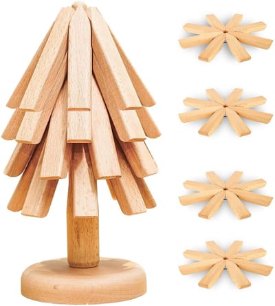 longziming -Set van 4 Houten Onderzetters 20x1,3 cm met Standaard 10x23 cm – Luxe, Hittebestendig en Decoratief