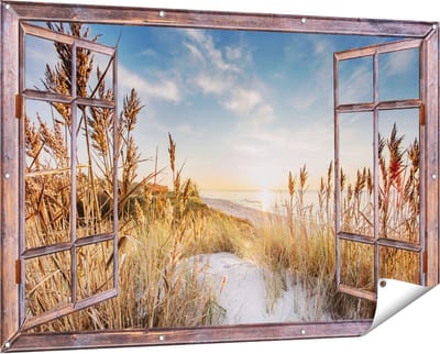Gards Tuinposter Doorkijk Strand en Zee vanuit Duinen met Zonsondergang - 150x100 cm - Tuindoek - Tuindecoratie - Wanddecoratie buiten - Tuinschilderij