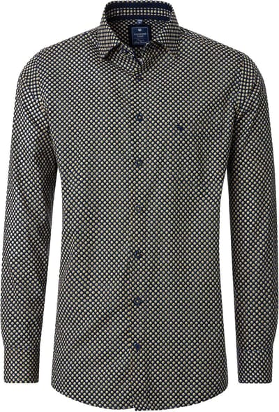 Redmond modern fit overhemd - popeline - donkerblauw met geel - wit en lichtblauw dessin - Strijkvriendelijk - Boordmaat: 39 - 40