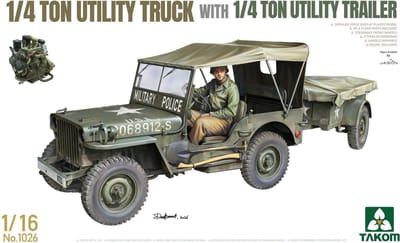 Takom Modelbouwpakket Militaire voertuigen - 1026 1/4 Ton Utility Truck met 1/4 Ton Utility Trailer WWII - Amerikaans Militair Voertuig Plastic - 1:16 - Modelbouw
