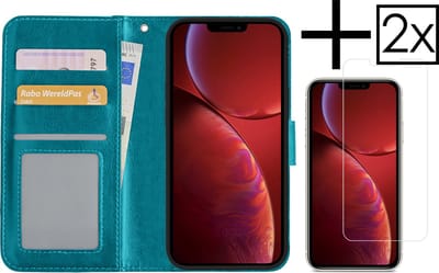 Hoesje - Met 2x Screenprotector - Geschikt voor Apple iPhone 14 Pro - Luxe Pasjeshouder - Bookcase Portemonee - Flip Case - Kunstleer Book Case - Flipcase Hoes - Book Cover - Walletcase - Portemonneehoes - Turquoise