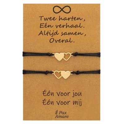 Vriendschapsarmbandjes voor 2 " Twee Harten, Een Verhaal ∞" - Hartjes - BFF Armbandjes met Persoonlijk Cadeau Kaartje - Goudkleurig - Elastisch Verstelbaar - Pax Amare