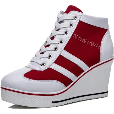 Dames Pumps Schoenen Nieuwe Sleehak Casual Canvas Schoenen Dames Zijketting Vetersluiting Casual Platform Schoenen 8Cm Hoge Hak Schoenen 36 rood