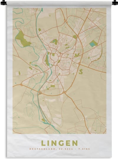Wandkleed - Wanddoek - Lingen - Stadskaart - Kaart - Vintage - Plattegrond - 120x180 cm - Wandtapijt
