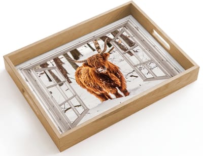 Dienblad hout 40x30 cm - Schootdienblad - Schotse Hooglander - Sneeuw - Winter - Natuur - Dier - Doorkijk - Landelijk - Borrelplank rechthoek - Plateau dienbladen