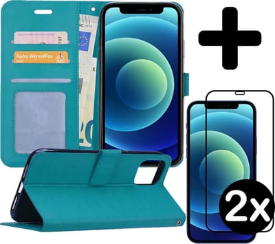 Hoesje - Met 2x Screenprotector - Geschikt voor Apple iPhone 12 - Luxe Pasjeshouder - Flip Case - Bookcase Portemonee - Kunstleer Book Case - Flipcase Hoes - Book Cover - Walletcase - Portemonneehoes - Telefoonhoes - Turquoise