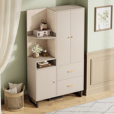 MODFU Compacte Halgarderobe Met Kast En Laden - Open Vakken En Uitschuifbare Kledingroede - MDF - Grijsbeige - 110 x 186 x 38 cm