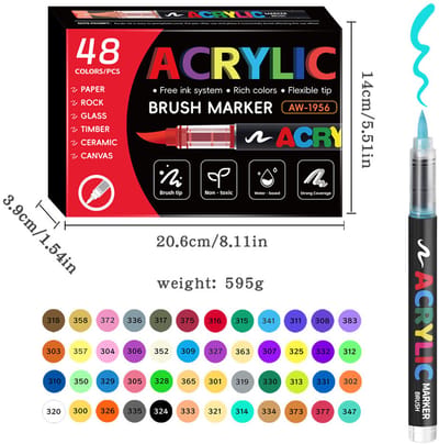 Acrylmarkers - 48 kleuren - direct-vloeibaar en zonder indrukken - zachte punt voor tekenen en DIY - geschenkdoos