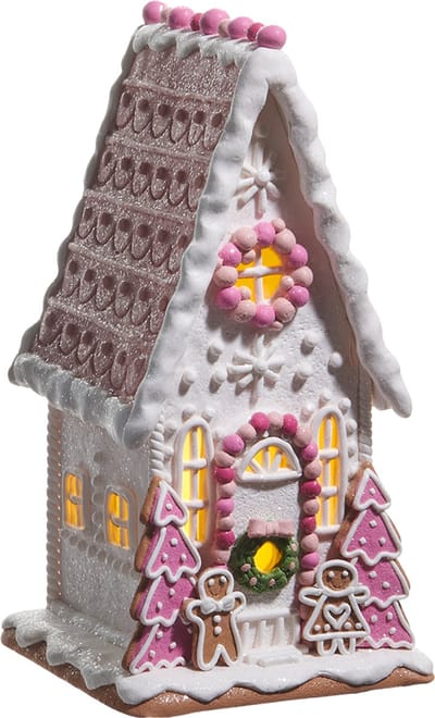 Viv! Christmas Kerstbeeld - Smal Gingerbread Huis van Klei met Roze Snoepdecoratie incl. LED Verlichting - roze wit - 30cm