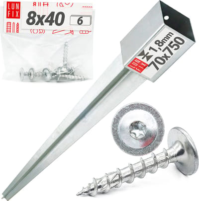 LUN FIX - Inslaggrondhuls 70x70mm hoogte 750mm wanddikte 18mm - 6 schroeven 8x40 mm Torx T30 - paaldragers, hekwerk, tuin, pergola