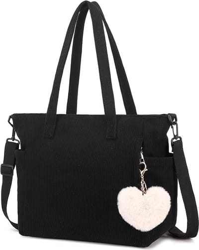 Famanu - Cord Tote Bag tas dames schoudertas grote shopper tas handtas schoudertas voor werk kantoor reizen winkelen school, Kleur: zwart