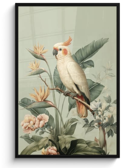 Poster in lijst - Fotolijst 80x120 cm - Posters - Gele kuifkaketoe - paradijsvogelbloemen - Groen - Posterlijst zwart - Decoratie - Wanddecoratie woonkamer - Muurdecoratie slaapkamer