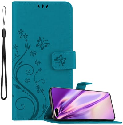 Cadorabo Hoesje geschikt voor Huawei P40 in BLOEMEN BLAUW - Beschermhoes in bloemmotief met magnetische sluiting, standfunctie en kaartsleuven Book Case Cover Etui