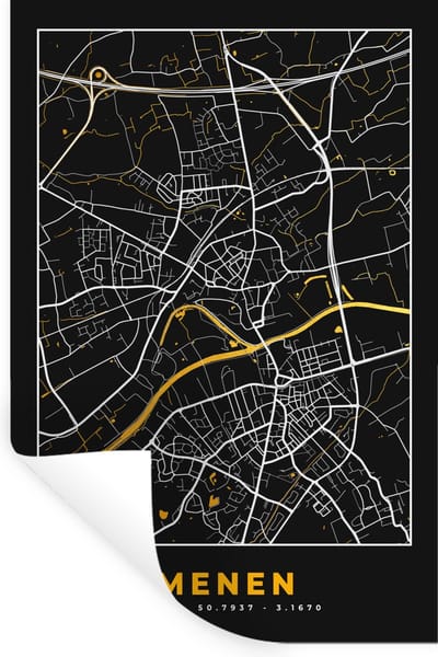 Muurstickers - Sticker Folie - Menen - Stadskaart - Goud - Plattegrond - Kaart - 40x60 cm - Plakfolie - Muurstickers Kinderkamer - Zelfklevend Behang - Zelfklevend behangpapier - Stickerfolie