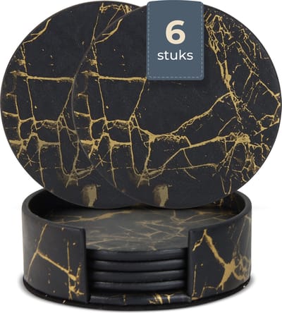 Castagnola Kunstlederen Onderzetters – Onderzetters voor Glazen – Design Onderzetters met Houder – Leren Onderzettersset – Leder – Set van 6 – Marmer look - Zwart/Goud