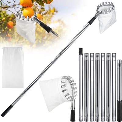 TOVBMUP 3,2m Telescopische Grijper - Fruitplukker met 16cm Katoenen Zak - 8-delige Verlengstang - Roestvrijstalen Tanden Beschermen Fruit - Geschikt voor Appels, Peren en Citrusvruchten - Duurzaam RVS Materiaal - Incl. 1 Plukzak en Verstelbare Steel